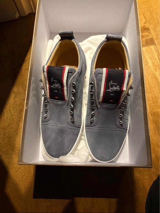 Christian Louboutin Other - Christian Louboutin Grey Suede Slip-On Sneakers with Silver Studs and Red Trim